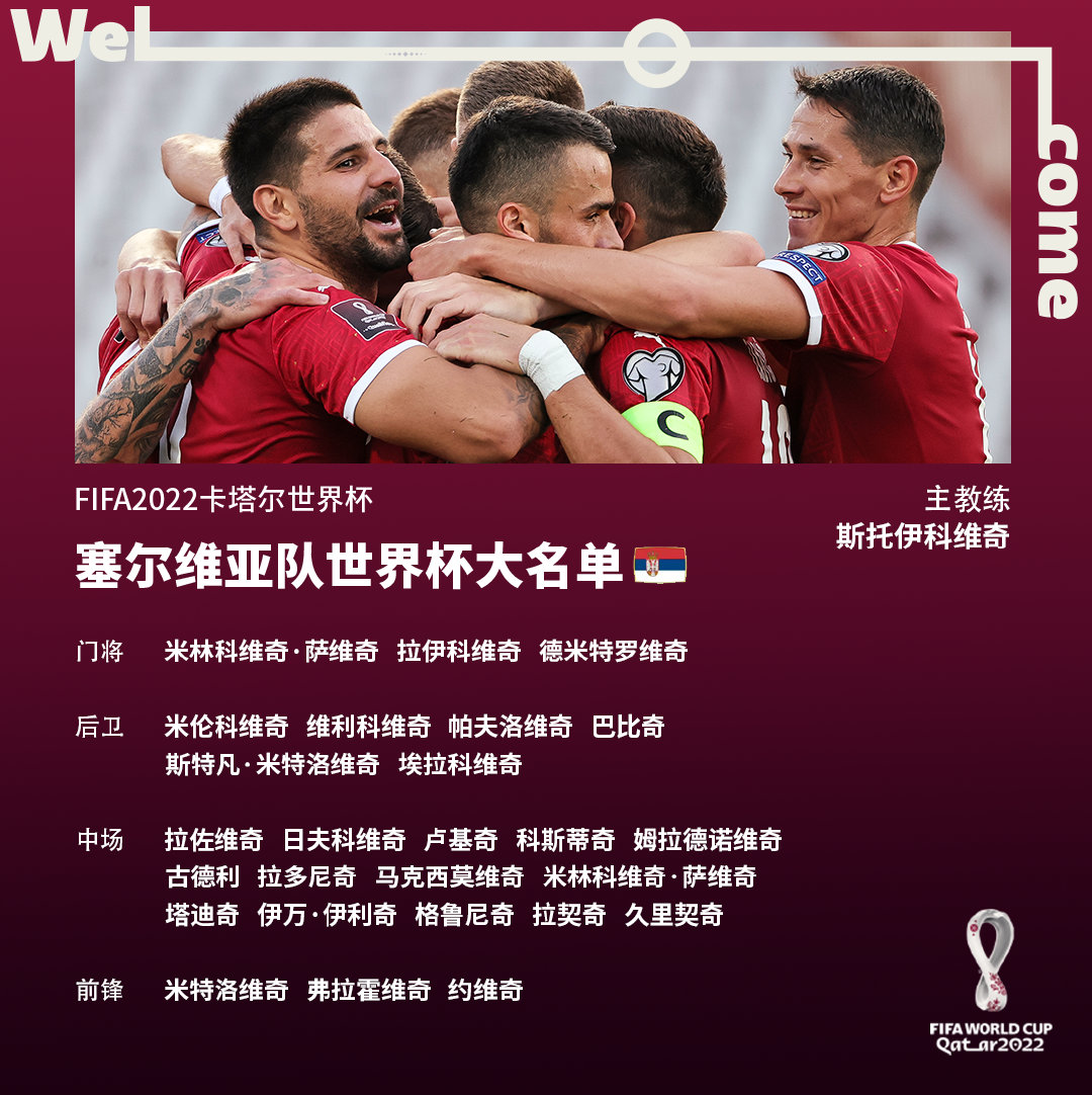 塞尔维亚公布世界杯26人名单 斯托伊科维奇率队